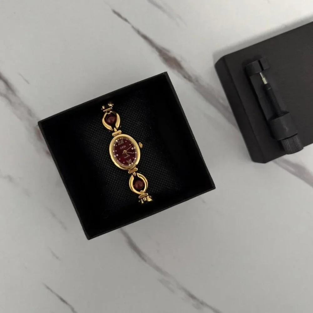 SKU:0110 cute gold burgundy mini watch gold bracelet burgundy stone +in gift bag